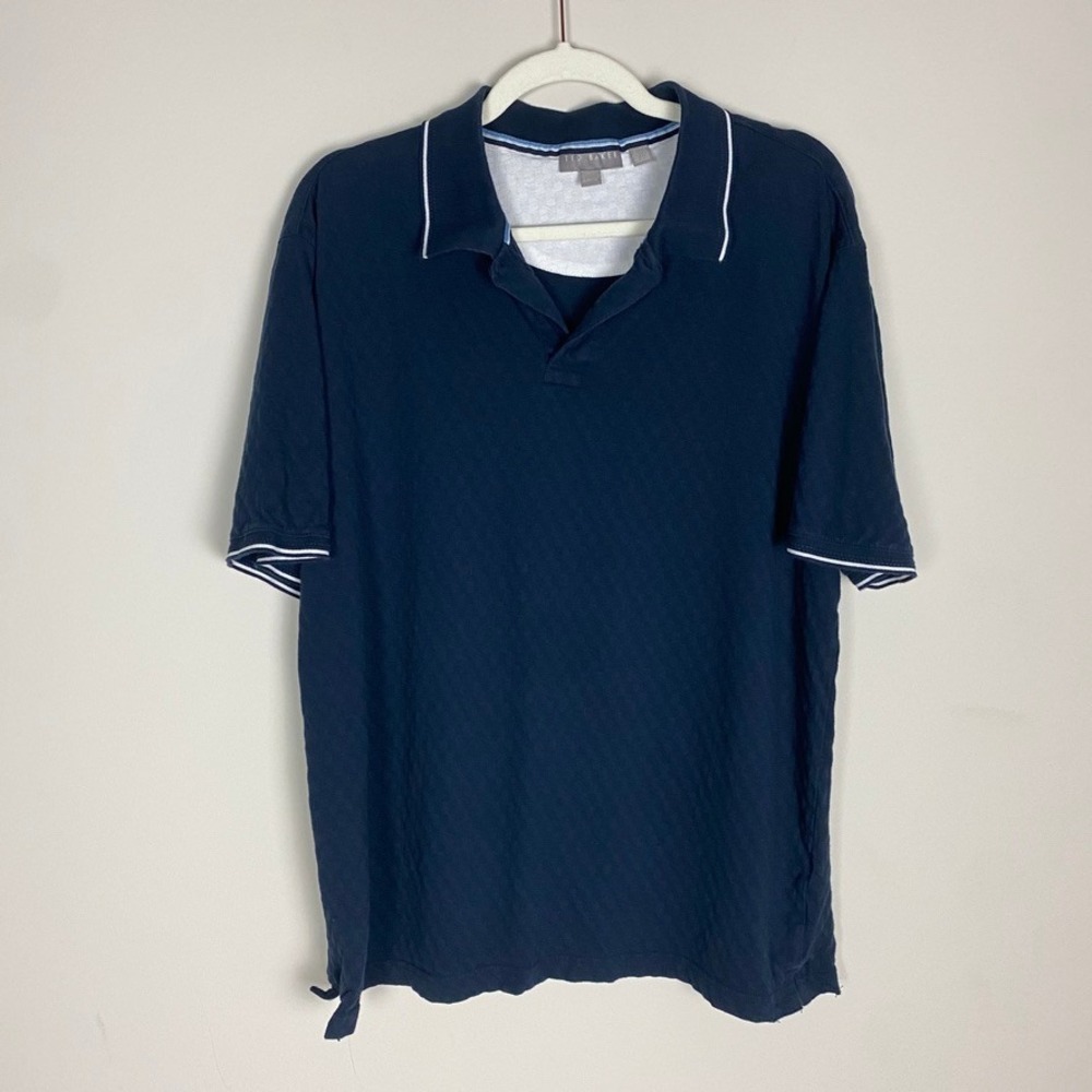 Ted Baker Textured Knit Polo Shirt Mens Large Navy Blue Tipped Short Sleeve